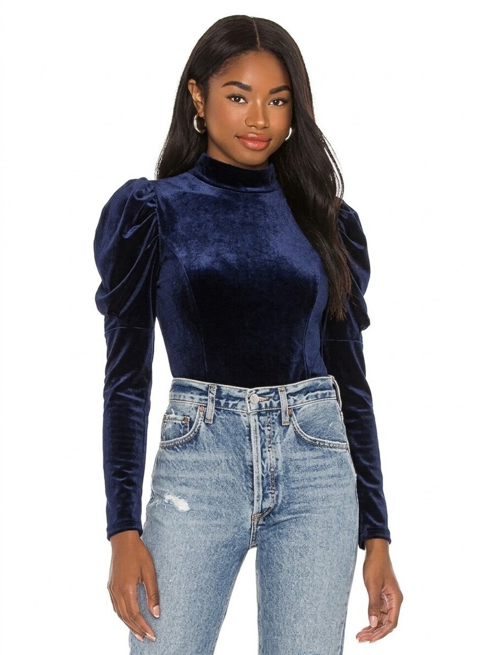 MISA Los Angeles Navy Blue Velvet Puff Sleeve Bodysuit Size S NWOT